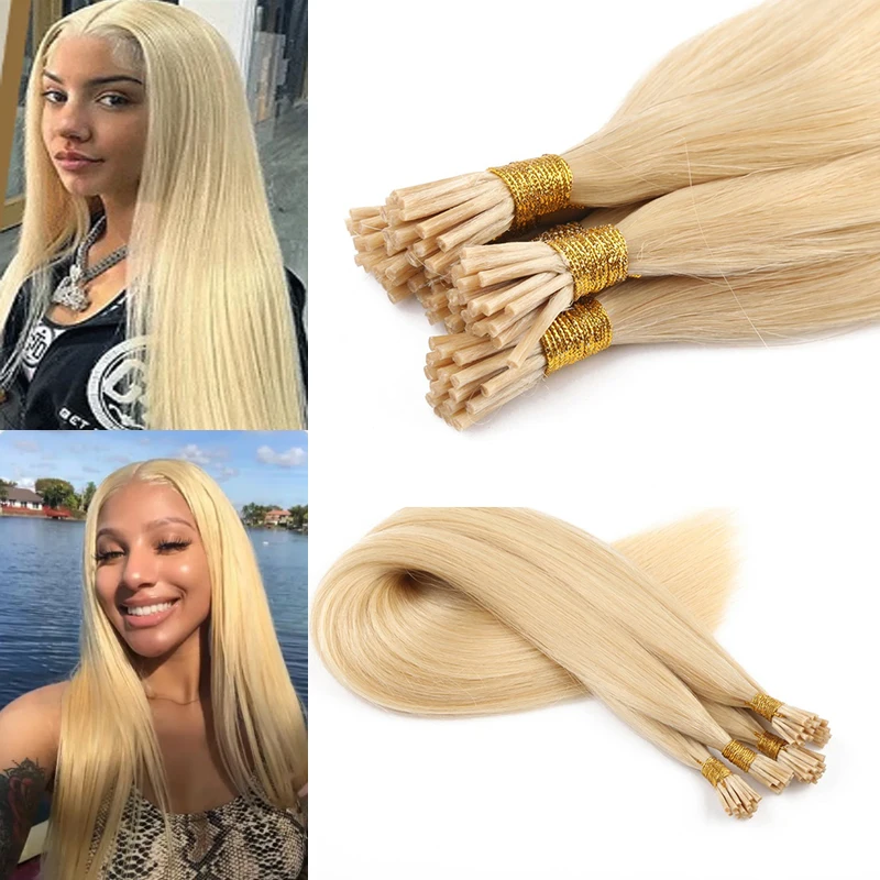 Hot sell 50/100strands I Tip Microlink Hair Extensions Straight Human Hair Fusion Keratin Micro Ring Stick Pre-Bond Blonde