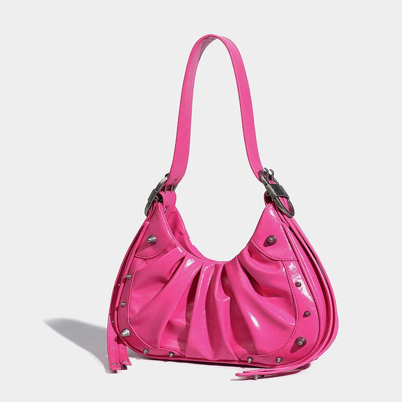 Moto&Biker Y2K Shoulder Bags For Women Luxury Designer Handbags And Purse 2024New In Rivet Decorate Pleated Crossbody Bag Bolsos