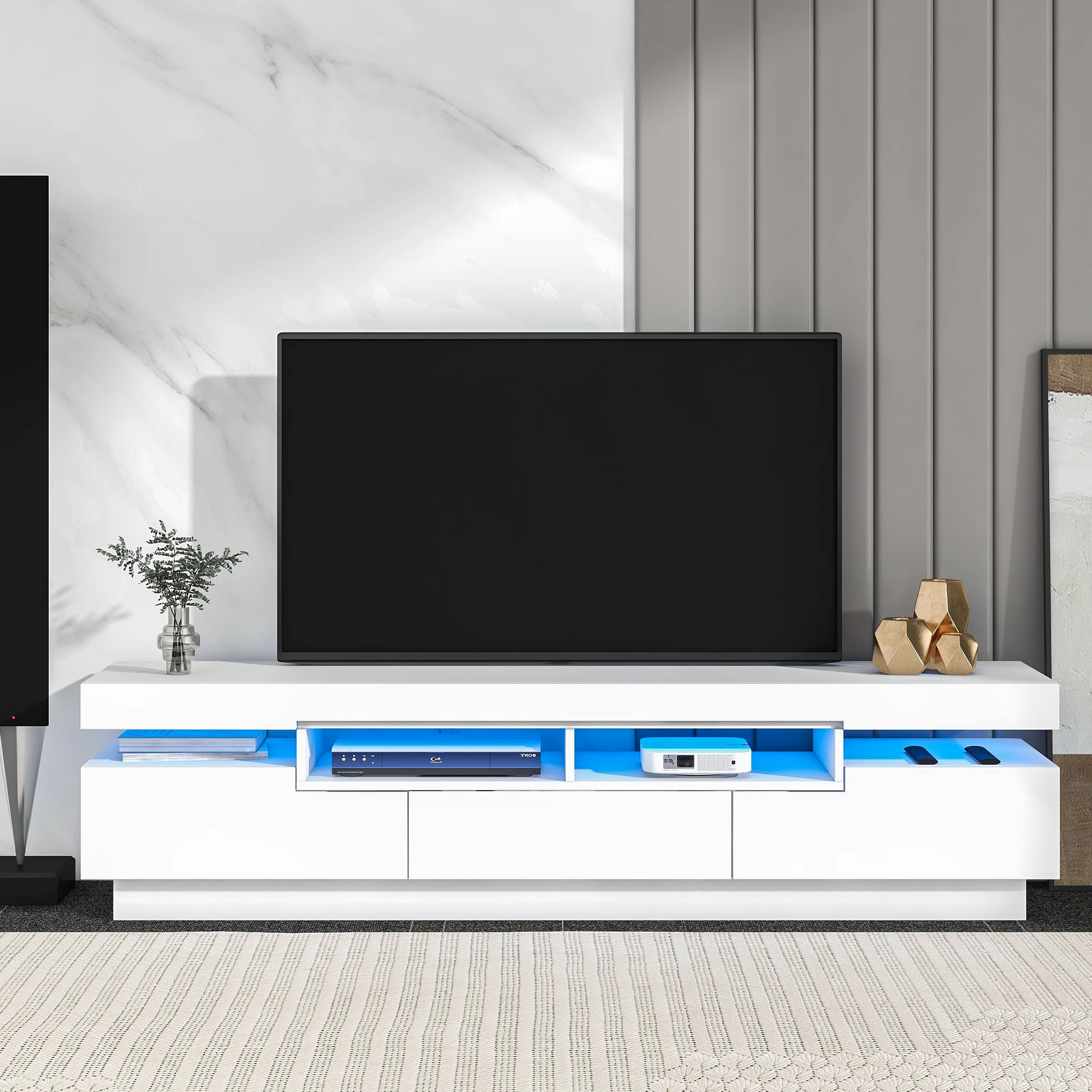 

TV Stand W/4 Open Shelves&16-Color RGB LED Modern High Gloss Entertainment Center for 75" TV Universal TV Storage Cabinet White