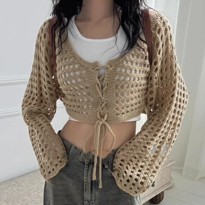 Summer Fashion Lace-up V-neck Long Sleeve Hollow Knitted Cardigan Women's Crop Top 3