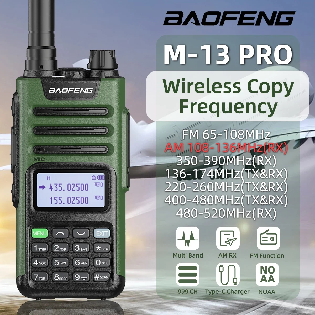 

Портативная рация BaoFeng M-13 Pro 999CH NOAA, беспроводная копия частоты Type-C, большой диапазон UV13 Pro, приемопередатчик, Любительская двухсторонняя радиосвязь