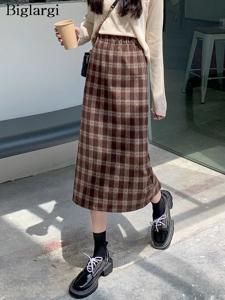 

Юбка-миди Женская клетчатая в полоску, эластичная модная юбка-трапеция с завышенной талией, с разрезом, в Корейском стиле, весна