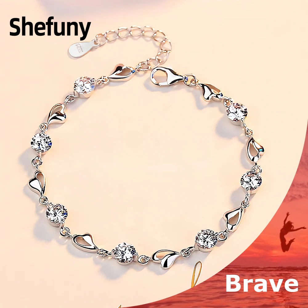 

925 Sterling Silver 7 Heart Love Chain Bracelet 7 White Cubic Zirconia Geometric Round Bangle For Women Anniversary Fine Jewelry