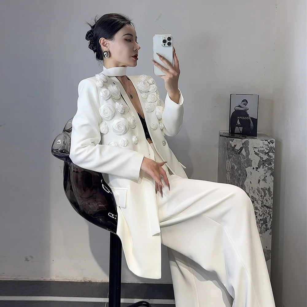 TWOTWINSTYLE Solid Two Piece Set For Women Lapel Long Sleeve Spliced Appliques Coat High Waist Wide Leg Pant Chic Sets Female 2