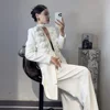 TWOTWINSTYLE Solid Two Piece Set For Women Lapel Long Sleeve Spliced Appliques Coat High Waist Wide Leg Pant Chic Sets Female 2