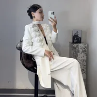 TWOTWINSTYLE Solid Two Piece Set For Women Lapel Long Sleeve Spliced Appliques Coat High Waist Wide Leg Pant Chic Sets Female 2