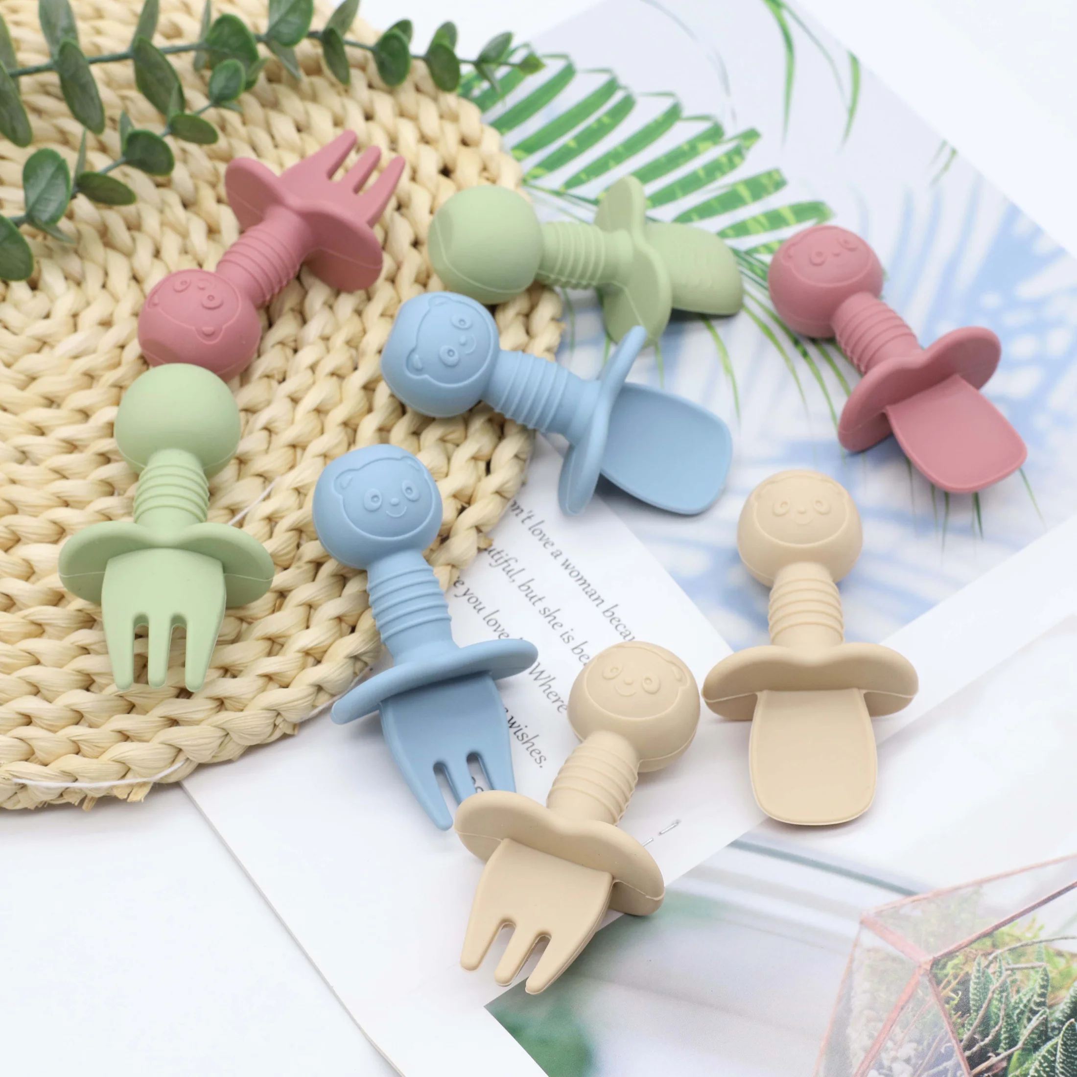 Baby Food Spoon Fork Little Bear Pattern Short Easy to Grasp and Clean