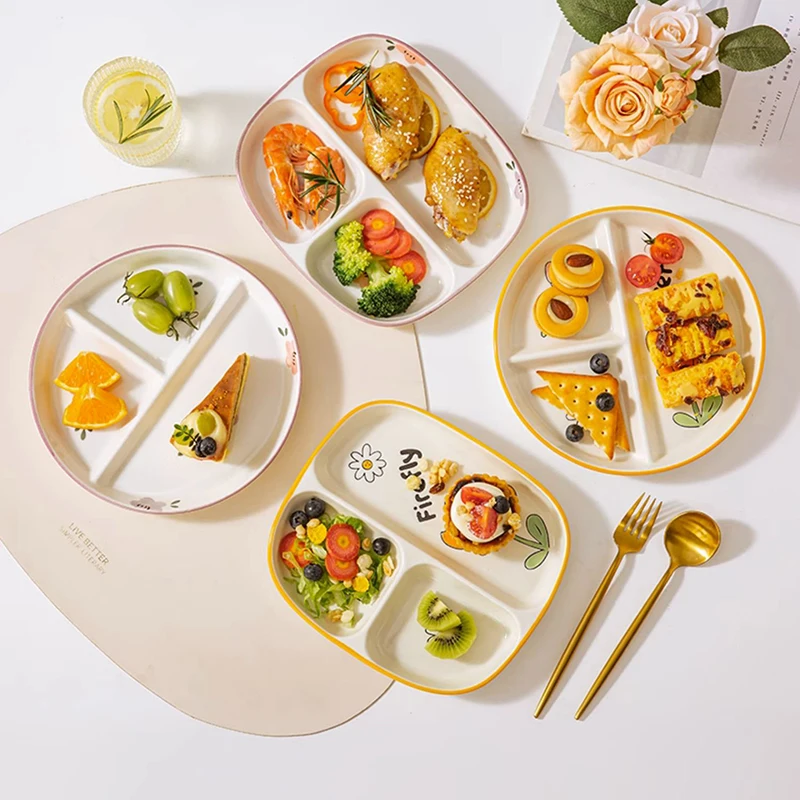 Ceramic Children's Breakfast Plate, Divided Dessert Snack Serving Dish, Platter for Balanced Meal Food Separator, Appetizer Tray