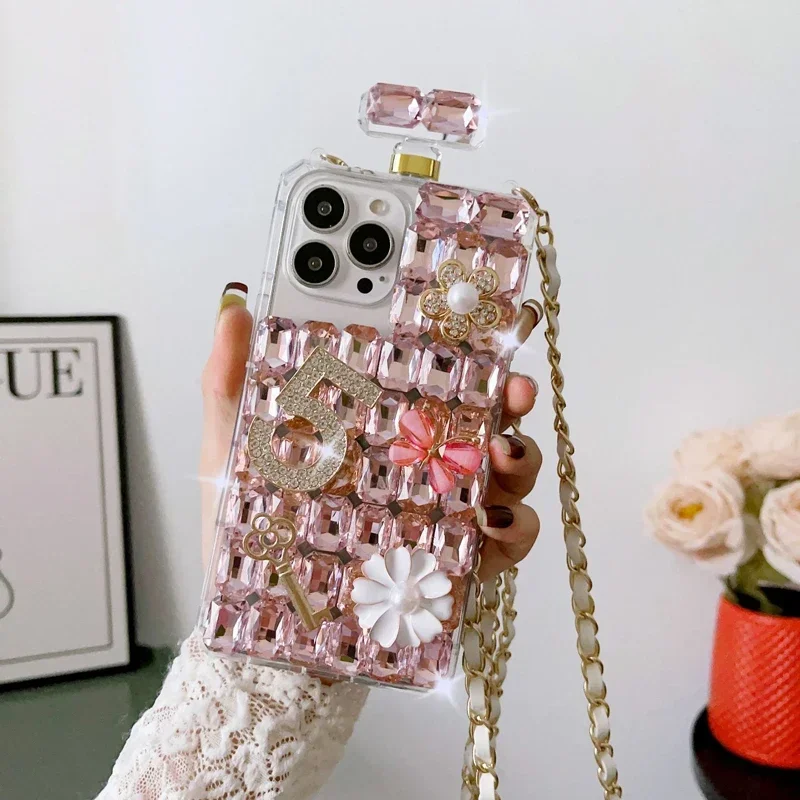 Diamond Crystal Gem Perfume Bottle Crossbody Lanyard Case for Samsung, S24 Plus, S21 FE, S22 23Ultra, Note20 Glitter Rhinestone