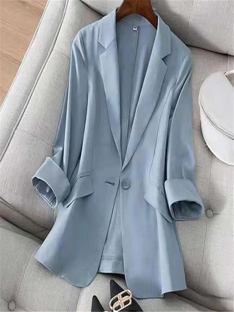 Women's Suit Jacket Office Button Elegant Solid Three Quarter Women Blazers Coat 2023 Spring Solid Casual Korean All-Match Tops