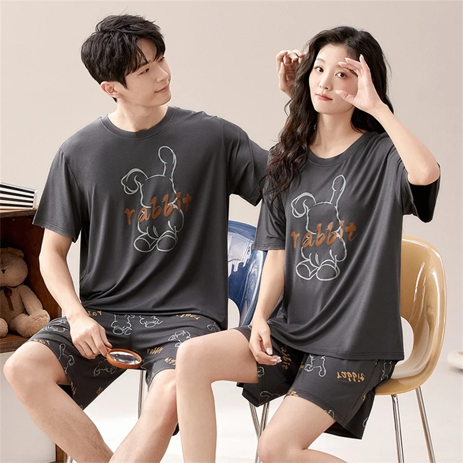 Printed Couple Pajamas Set Short Sleeve T-shirt and Shorts Women Modal Sleepwear with Bra Pad Men Home Clothes 2 Pcs Loungewear