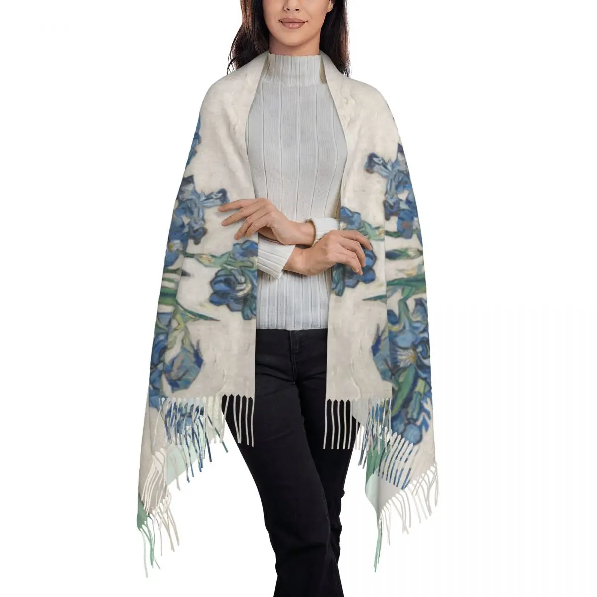 Vincent Van Gogh Irises Tassel Scarf Women Soft Art Painting Shawls Wraps Ladies Winter Scarves 3
