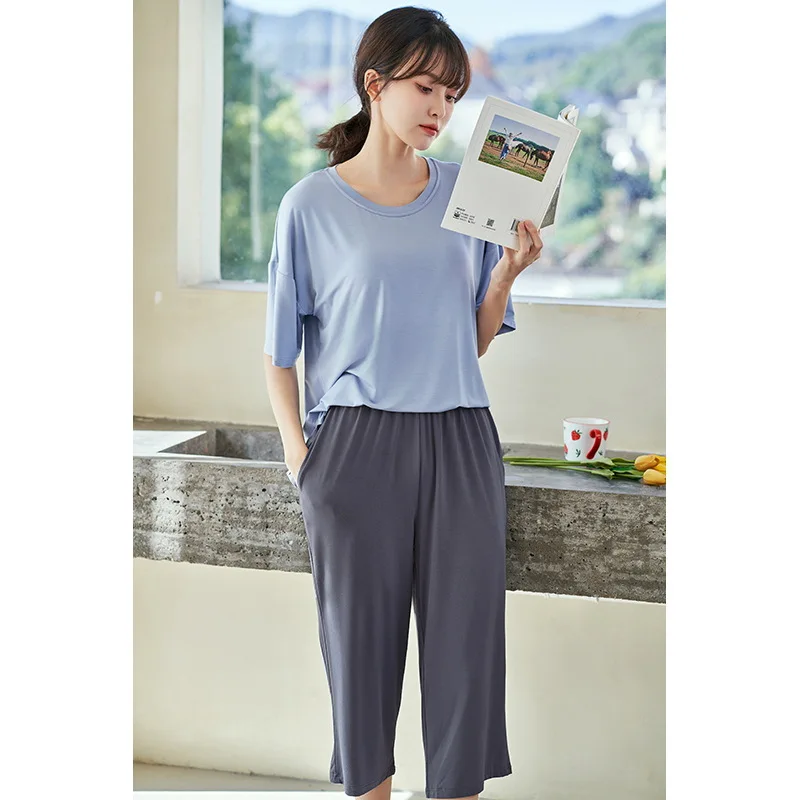 Women Pajamas Sets 2 Pieces Solid Pijama Modal O-Neck Pyjama Female Sleepwear Short Sleeve Top Shorts Suits Homewear Nightwear