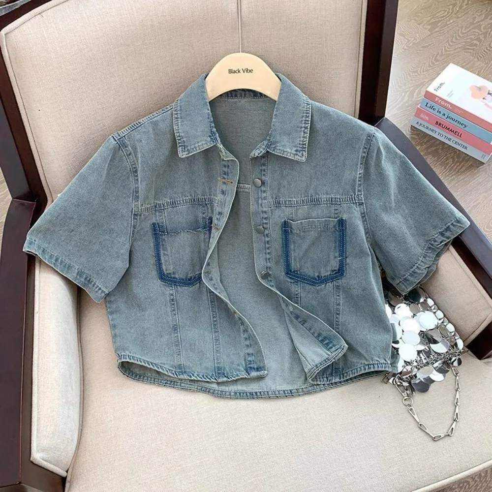 Summer Thin Loose and Casual Polo Collar Short Sleeved Denim Jacket Women Short Top Trend Design Sense Shirt Clothes Top