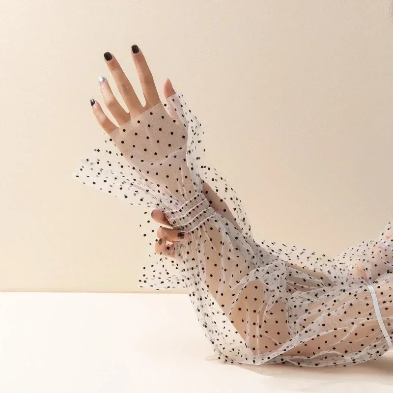Summer Lace Sunscreen Ice Sleeve for Women Mesh Wave Point UV Thin Breathable Loose Long Sleeves Gloves