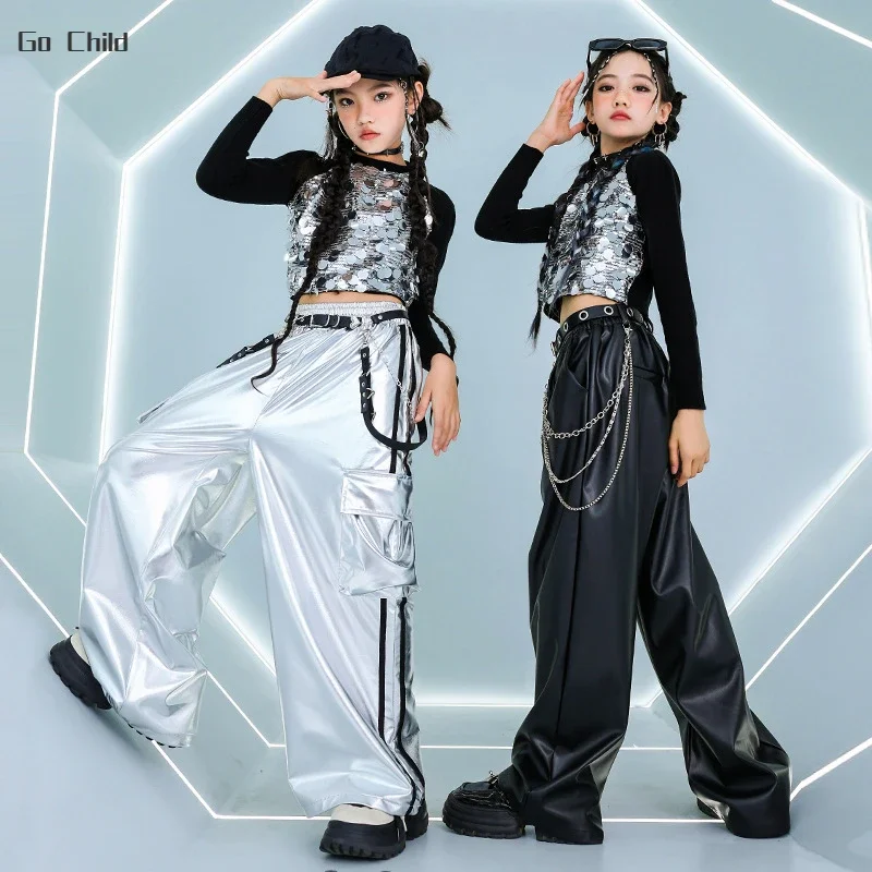 Hip Hop Girls K-pop Sequin Crop Top Shiny Silver Cargo Pants