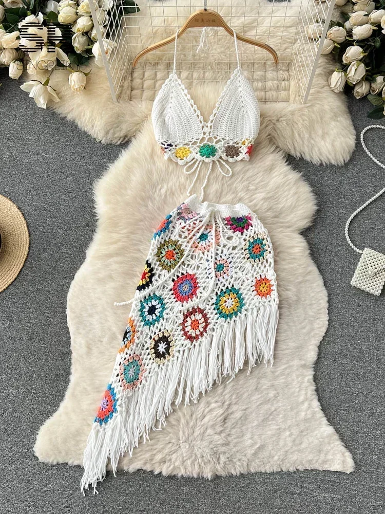 2024 New Bohemian Two Piece Knitted Sets Summer Hook Hollow Out Camisole Floral Irregular Tassel Skirt Sexy Beach Style Suits