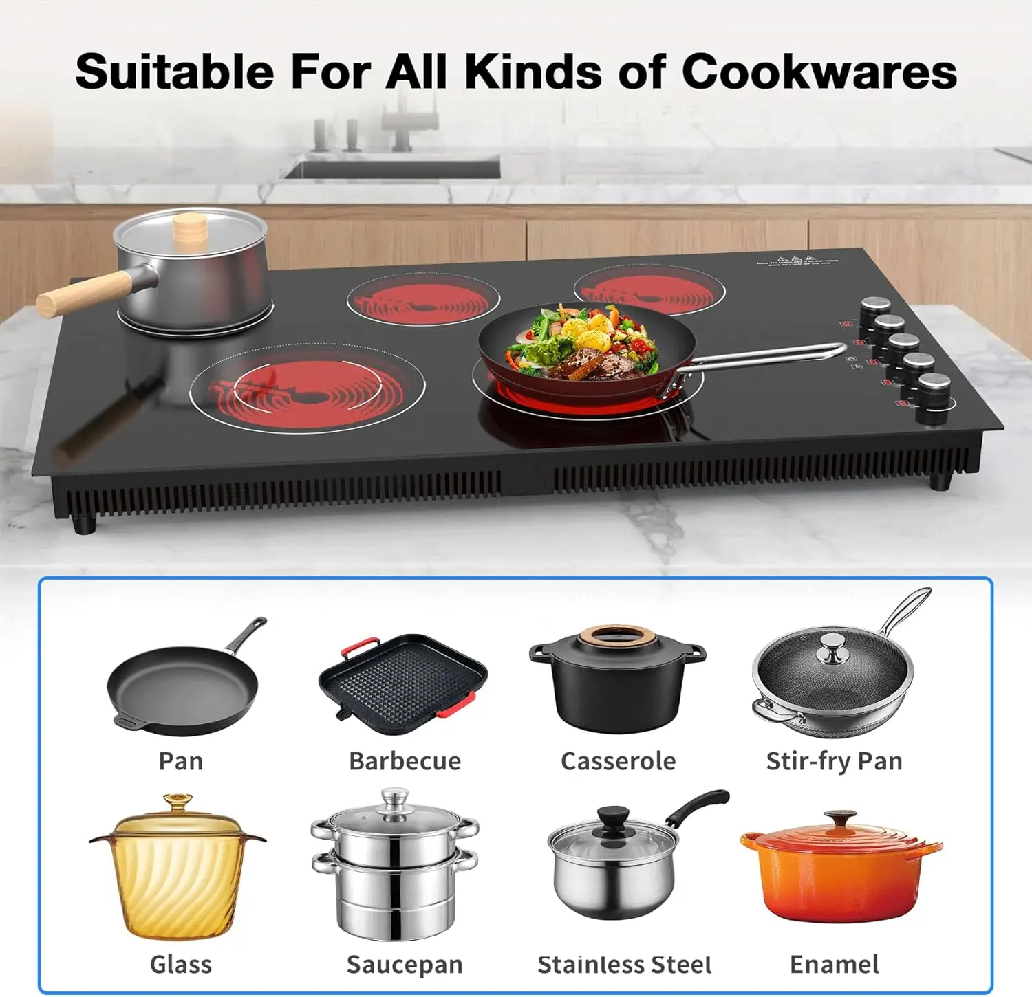 36 inch,36 inch Electric Cooktop,9200W Built-in & Countertop 36 inch Cooktop with 9 Power Levels, 4