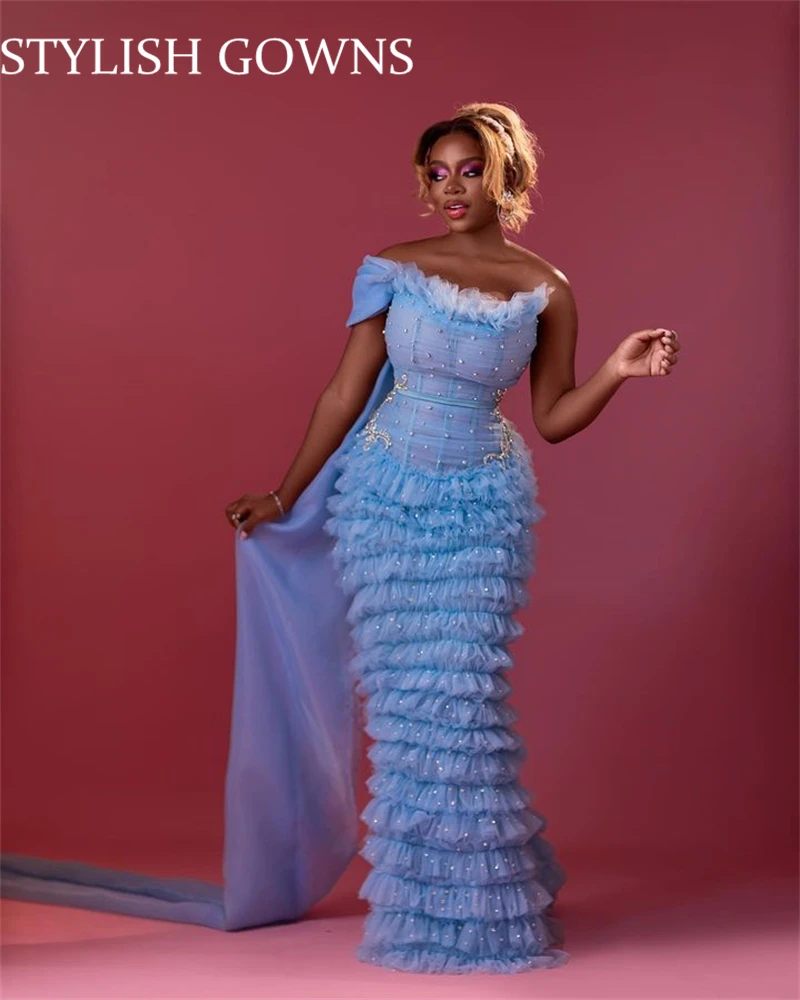 

Женское вечернее платье-русалка, небесно-голубое платье на одно плечо, расшитое бисером, с оборками, для дня рождения