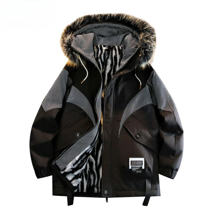 Men Jacket Winter Fleece-lined Thicken Big Fur Collar Parka Teen Warm Hooded Trendy Casual Outwear Male Large Size Casual Coat