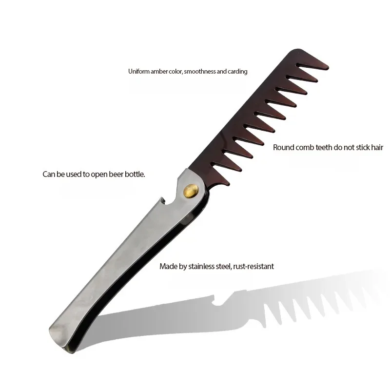 Oil Head Comb Barber Stainless Steel Handle Folding Wide Teeth Men Comb Hairdressing Hair Modeling Styling Comb Portable Vintage 3