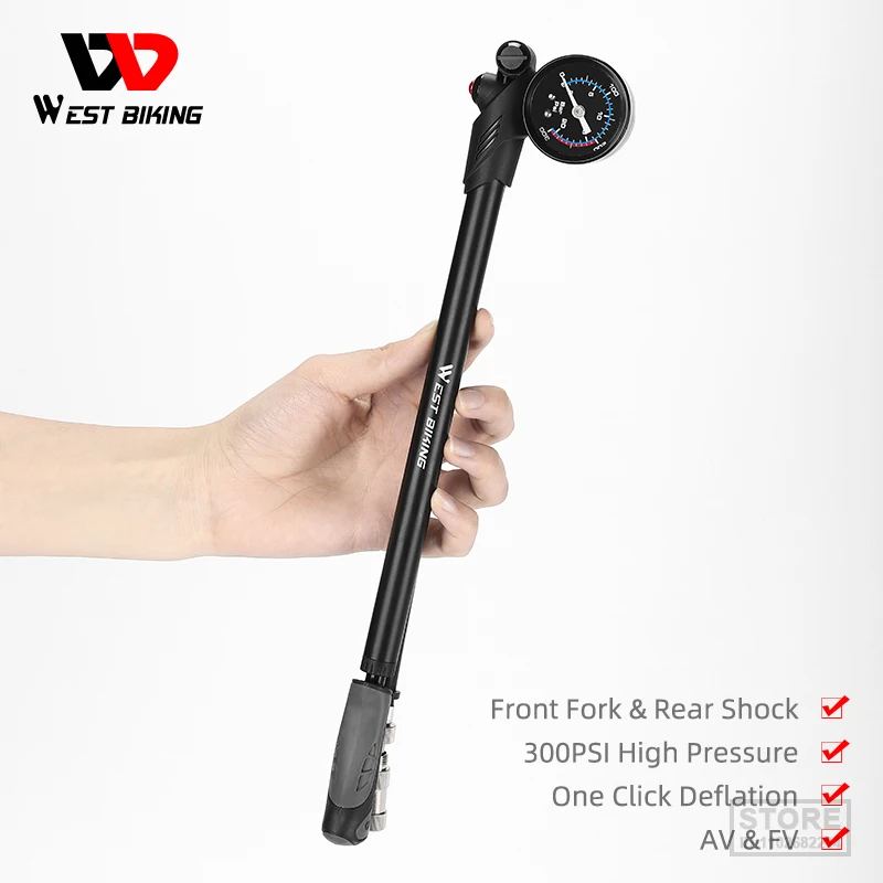 WESTBIKING300PSIHighPressureBicycleAirForkShockPumpWithGauge