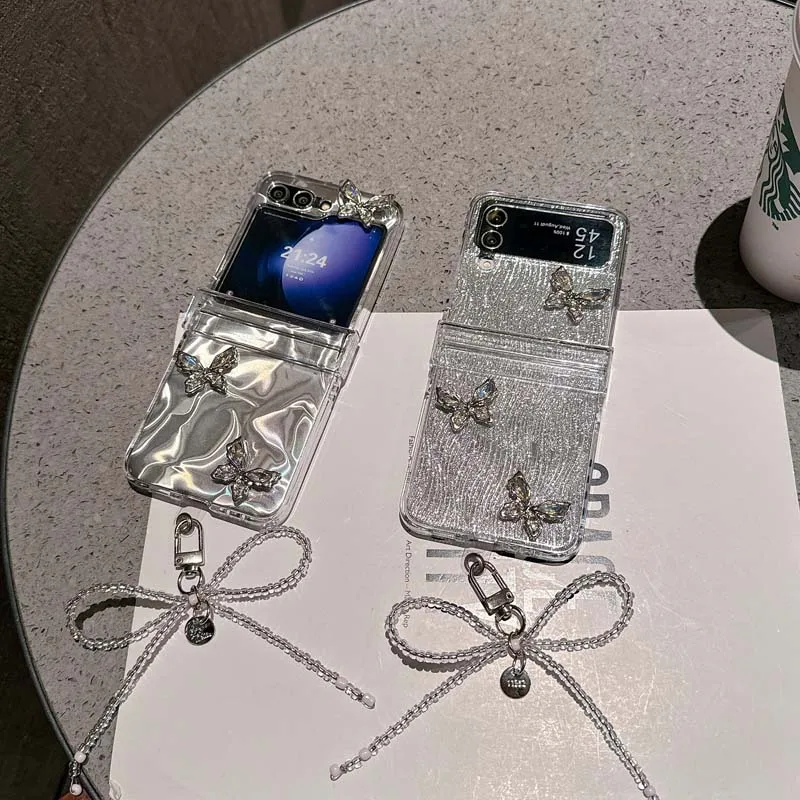 3D Shinny Butterfly Wrist Strap Phone Case for Samsung Galaxy Z Flip 6 5 4 3 Protective Cover for Z Flip6 Flip5 Flip4 Flip3 Capa_voghion.com