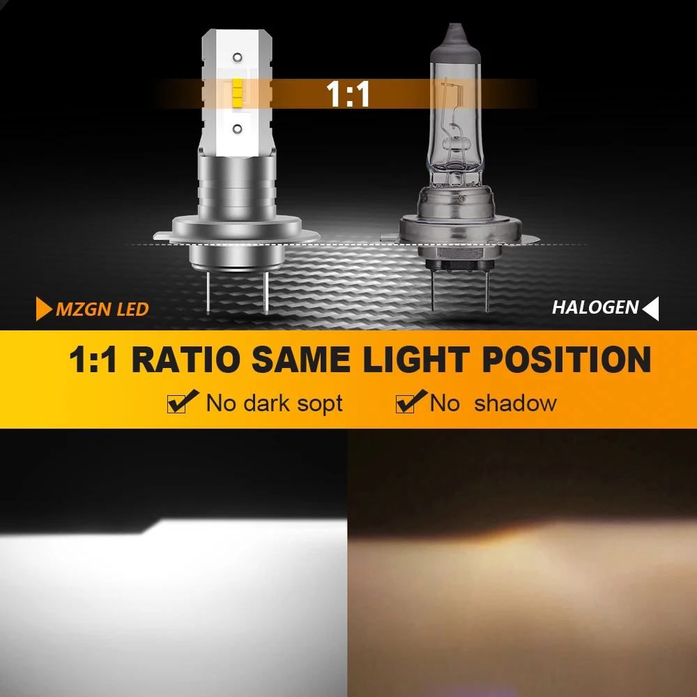 H7 Headlight Bulb Fanless Halogen Size Car Led Lamp 8 Pcs CSP Led Chips Headlamp 12000lm 6500K White 12V MZGN 2Pcs