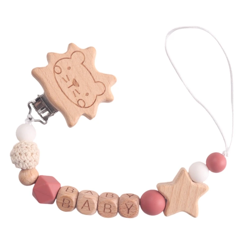 Wooden Baby Pacifier Clip, Cute Lion & Star Design, Anti - Drop Soother Holder, Natural Wood & Silicone Beads, Infant Essentials