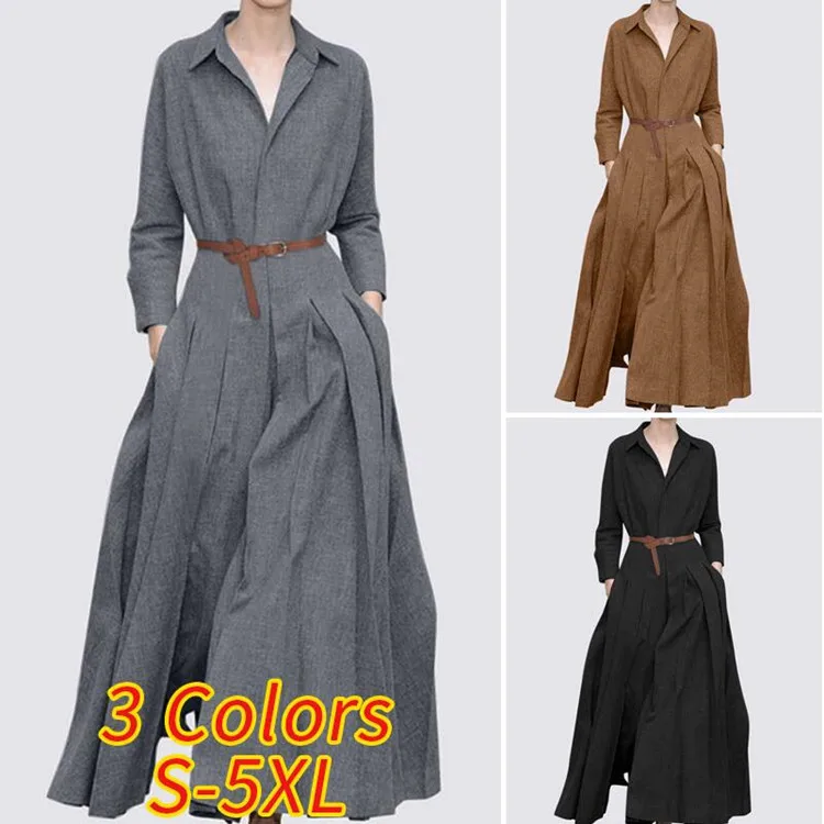 

Elegant Lady Grey Color Long Robe Office Lady Casual Long Dress 2023 Women Long Dress with Long Sleeves Spring, Fashion Leisure