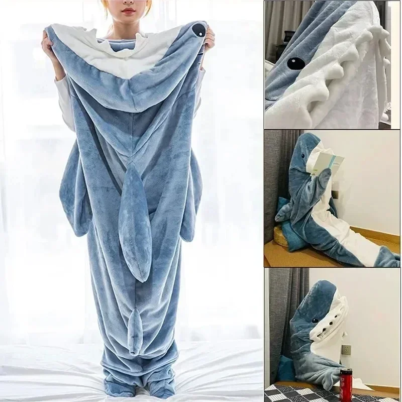 Cartoon Shark Sleeping Bag Pajamas Office Nap Shark Blanket Karakal Soft Cozy Fabric Mermaid Shawl Blanket for Children Adult