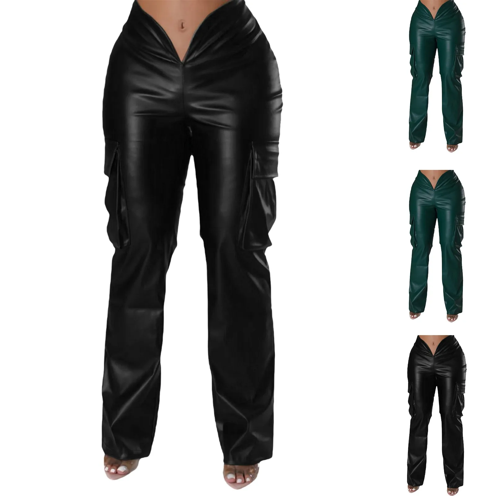 

Women'S Long Cargo Pant 2023 Personalized Street Trends Pocket Design Cuffed Pu Leather Pants Autumn Winter High Waist Pants