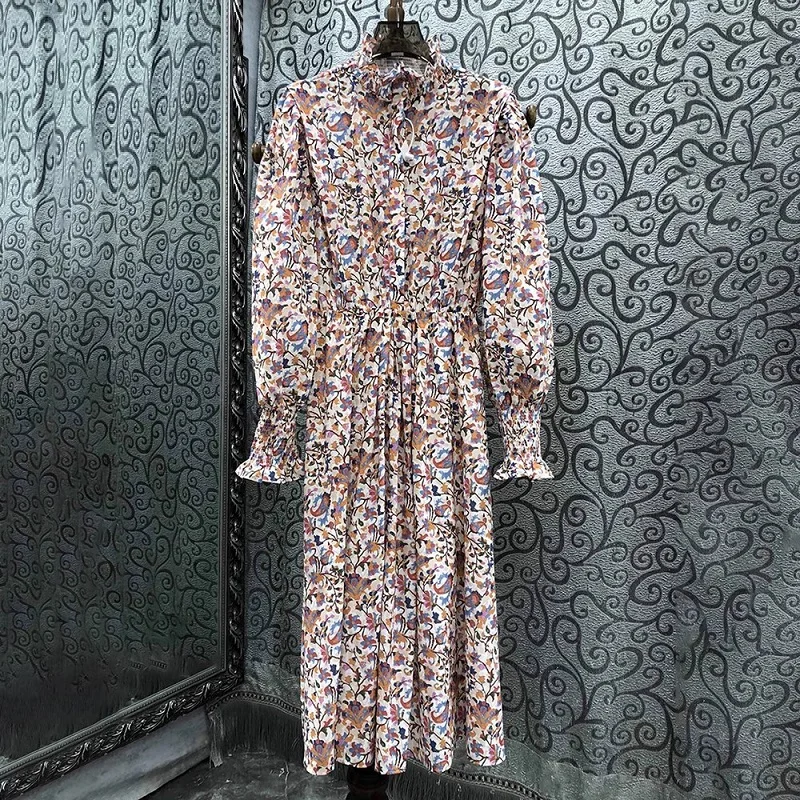 

100%Cotton Dress New 2024 Spring Fashion Style Women Vintage Floral Prints Elastic Waist Long Sleeve Mid-Calf Length Dress Tunic