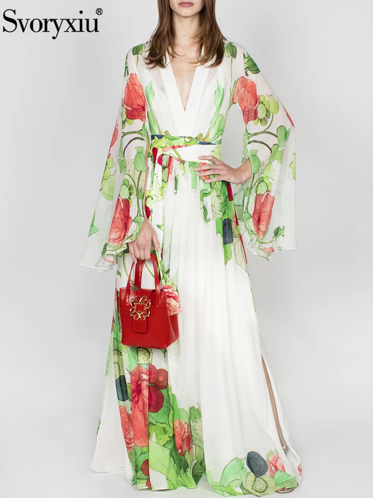 

Svoryxiu Spring Summer Fashion Elegant Floral Print Maxi Dress Women's Deep V-Neck High Waist Belt Slim Flare Sleeve Dress