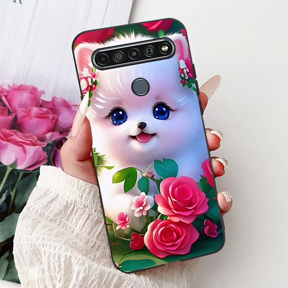 Elegant Floral Cat Printed Black Silicone Phone Case