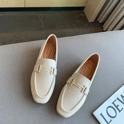 Women's Autumn Leather Loafers - Elegant Flat Shoes - 38 (Beige)