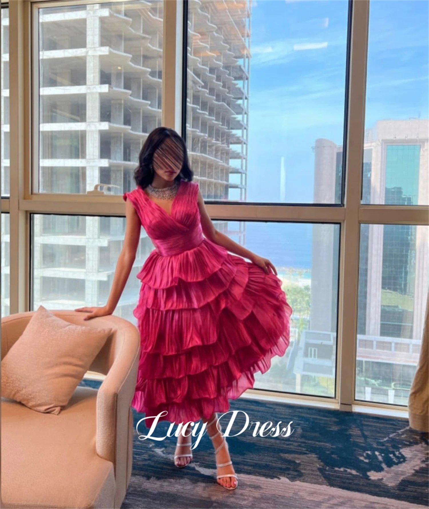 

Lucy Layered Party Dress Frills Cocktail Rose Red V-neck Women's Evening Dubai Luxury Dresses Long Gala Graduation Formal New