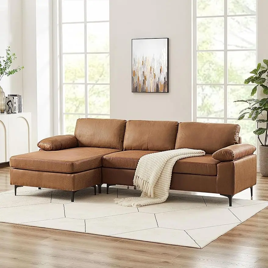 

100" Sectional Sofa, Faux Leather Mid-Century Modern Reversible Couch, L Shaped 3-Seat Sofa Couch with Chaise for Living Room