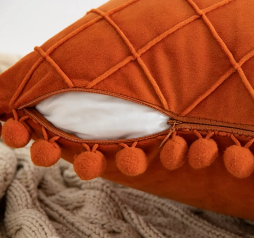 30x50cm 45x45cm Velvet Throw Pillow Cover with Cute Pompom Orange Pleated Decorative Farmhouse Boho Pillowcase Cuscini Divano 방석 2