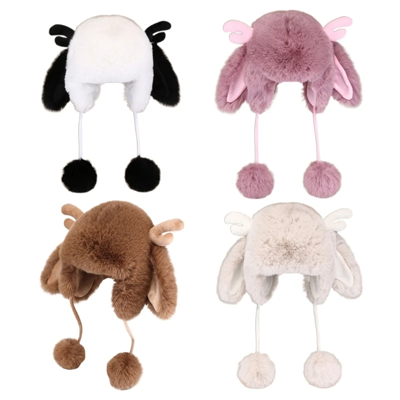 

Antler Ear Flap Cap Thickened Plush Ear Muff Hat for Skiing Hiking Universal Lady Windproof Ushanka Hat for Cold Weather