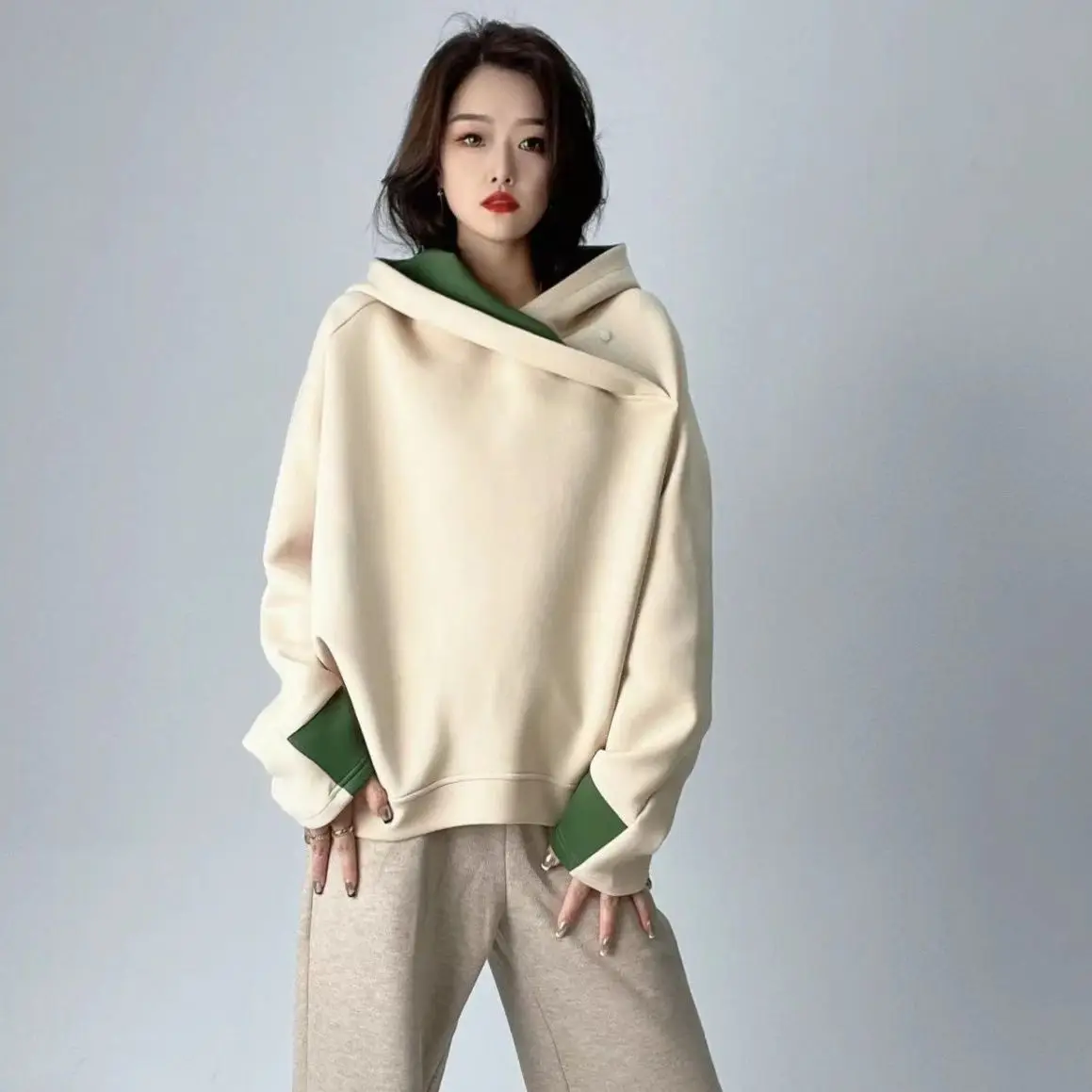 Asymmetrical Plush Pullover Hoodie Women'S Loose Patchwork Color Female Casual Top Autumn Winter New