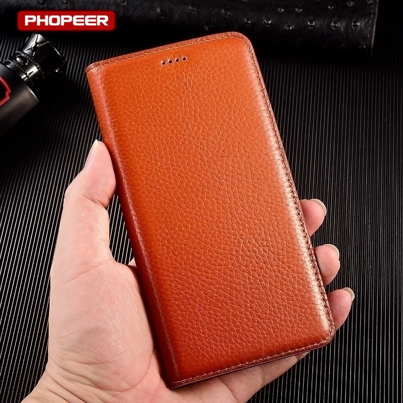 Luxury Genuine Leather Flip Wallet Phone Case with Magnetic Closure