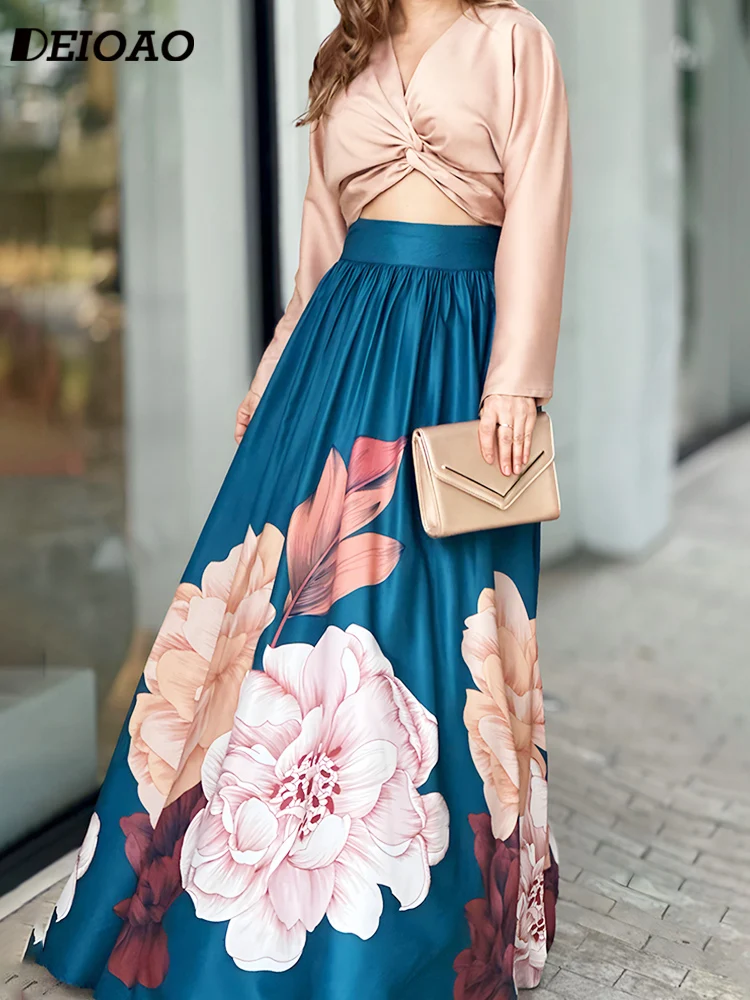 Deioao Luxury Elegant Set Tops and Skirts Summer Loose Long Sleeves V Neck Navel High Waist A-line Flower Female Clothing jancember surprise price novelty evening dress for women a line floor length full sleeves beading lace up فياتين سهرة فاخره