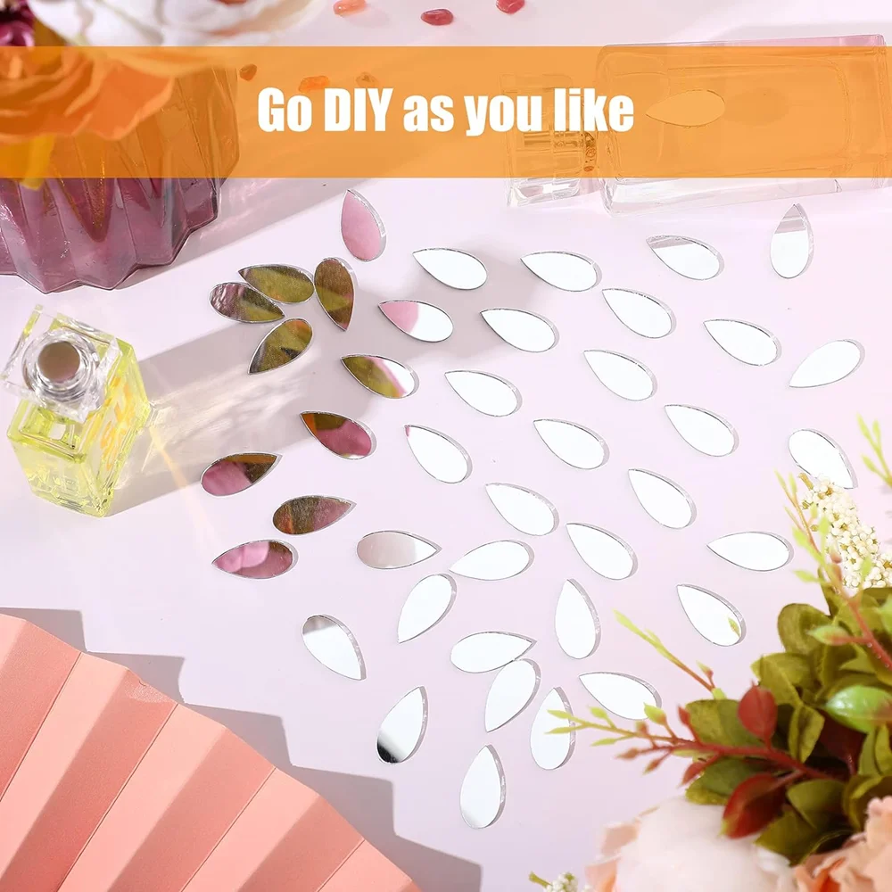 100 Acrylic Wall Stickers Raindrops And Leaves Shape Self-Adhesive Mini Mirror Tiles DIY Art Wall Doors Home Decor