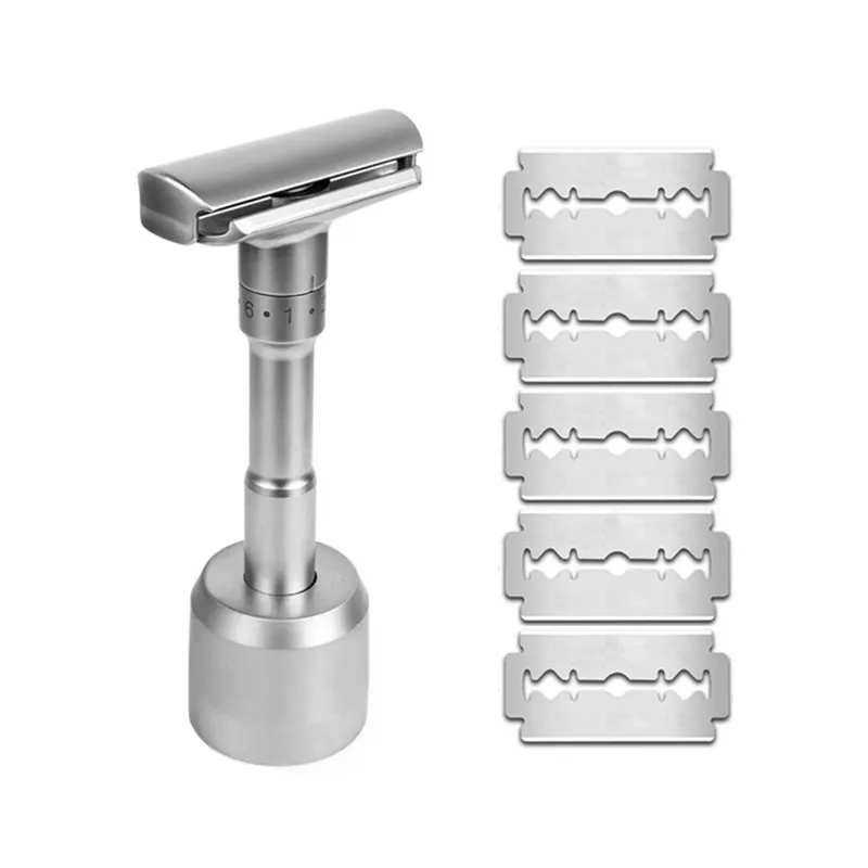 

Men Adjustable Safety Shaving Razor Double Edge Classic Shaver Mild to Aggressive 1-6 Files, 1 handle & 5 blades & 1 razor stand