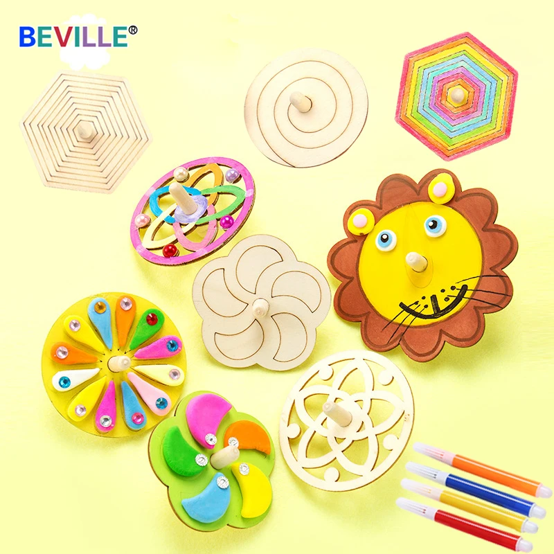 

10pcs/lot Wooden DIY Blank Painting Spinning Top Toys Unfinished Handmade Drawing Crafts for Kids Party Favor Class Activity