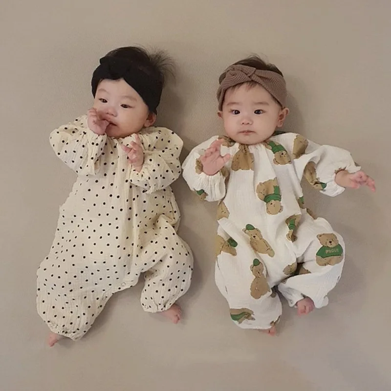2023 봄 가을  롬퍼, 코튼 도트 베어 프린트, 단색 원지 점프수트, 전체 소매, 느슨한  소년 복장
