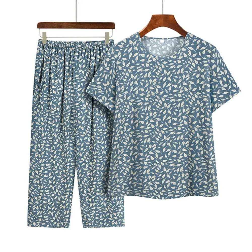 Ladies Pajamas Suit Stylish Mid-aged Grandmother Homewear Set Floral Print Pajamas with Wide Leg Trousers Elastic Waist women pajamas set women pajama suit