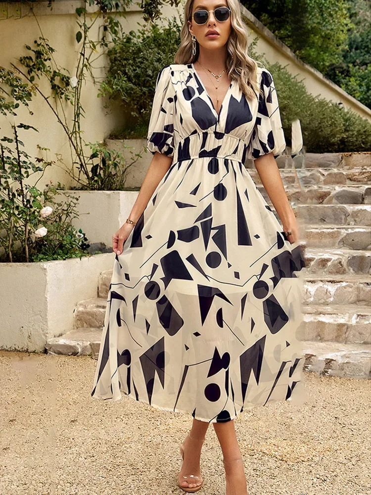 Vestido longo feminino elegante, design de alta qualidade, cinching, estampa com decote elástico, roupas femininas, 4 Sf150e1f933234cc58a90bb1887a7f23cm