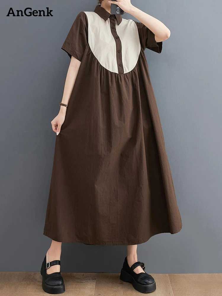 

Женское платье-рубашка с коротким рукавом, свободное повседневное винтажное платье контрастных цветов в стиле пэчворк, одежда в Корейском стиле на лето, 2023